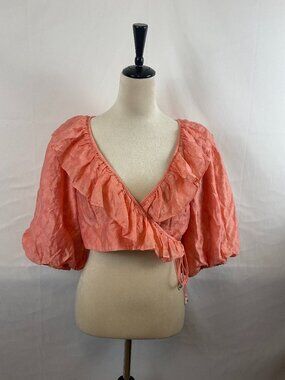 Tularosa Wrap Crop Top L Peach-Pink Ruffle Trim Puff Half Sleeve